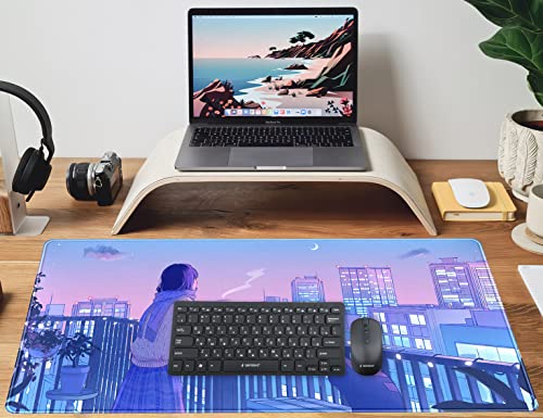 Purple Anime Kawaii Desk Mat Mousepad Cute Cat XXL Large Gaming Japanese Girly Aesthetic Mouse Pad Tokyo Street Desk Mat 31.5x15.75 in, Girl Gamer Desktop Mat Computer Laptop Keyboard Mouse Mat - color: Purple Pink Anime Girly