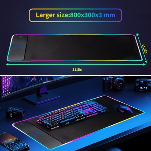 RGB Gaming Mouse Pad with Wireless Charging 15W, LED Mouse Mat 31.5 * 11.8 in, 10 Light Modes Extra Large Mousepad Non-Slip Rubber Base Computer Keyboard Mat for Gaming, MacBook, PC, Laptop, Desk - color: Black-D