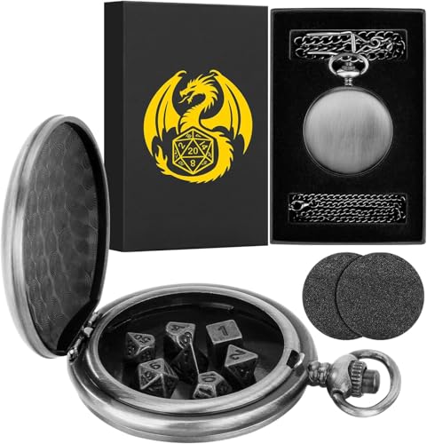 Mini DND Dice Set with Smooth Pocket Watch Shell Case, 7pcs Polyhedral Metal D&D Dice Accessories, DND Gifts with Box for Player, Role Playing Board Games Accessories, DND Gifts, Dark Silver - color: Dark Silver