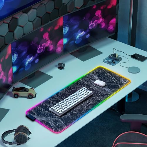 Gerlos RGB Gaming Mouse Pad, Large LED Desk Mat, 31.5 x 11.8 Inch | 12 light modes, non-slip base, water-resistant surface, stitched edges - color: Black
