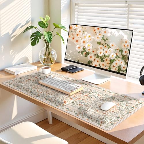 iLeadon Ergonomic Mouse Pad with Wrist Rest, Beige Desk Mat Set | Non Slip Mouse and Keyboard Pad, Cute Desk Pad Mat Sets, Extra Large Desk Cover Mat with Coaster for Women Home Office - color: Beige