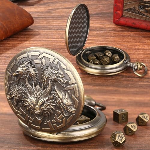 Mini DND Dice Set with Retro Five Dragon Heads Pocket Watch Shell Case, DND Starter Set, 7pcs Polyhedral Mini Metal Dice Set, D&D Gifts with Gift Box, Role Playing Board Game Accessories, Bronze - color: Bronze