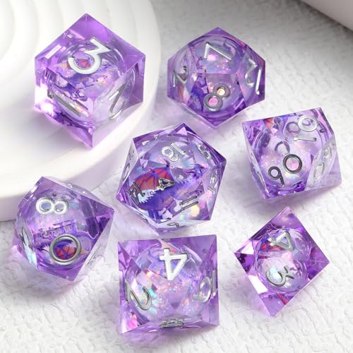 DNDND Purple Dragon Dice with Silver Numbers | Liquid Core 7-Piece Sharp Edge D&D Dice Set | Dragon Themed Collectible Metal Case | RPG Tabletop Gaming Gift - color: Liquid Dragon Purple