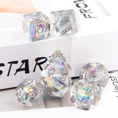 Haxtec DND Dice Set, 7 Pcs Iridescent Resin Polyhedral RPG Dice | Black Clear Role Playing Games Dice with Velvet Pouch, Compatible with Dungeons and Dragons, Gifts for D&D Lovers - color: Black White