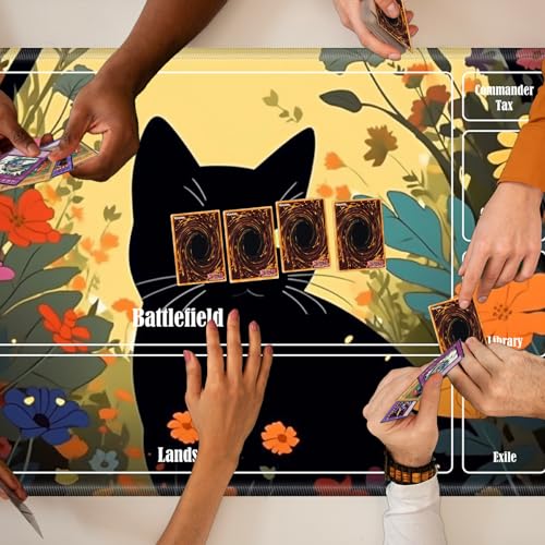 Board Game Mat TCG Playmat Plus 50 Pcs Card Sleeves, 24 x 14 inches Table Mats Games Mousepad with Zones Smooth Surface for MTG RPG CCG Trading Card Game Play Mats, Cartoon Black Cat - color: Cartoon Black Cat, size: Zone 1