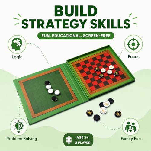 2-in-1 Checkers & Reversi Board Game | Magnetic Travel Games for Kids 8-12 | Plane Activities for Kids Ages 8-12 | Foldable Magnetic Checkers & Travel Activities - style: Checkers & Reversi