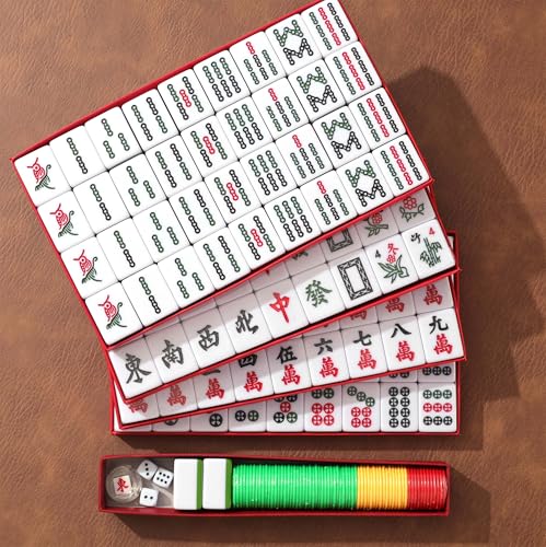 Mose Cafolo Traditional Chinese Mahjong Set – 144 Melamine 34mm Standard Size Tiles + 2 Spare Tiles, No Arabic Numerals, Travel Case, Complete Mahjong Game, Green - color: Green
