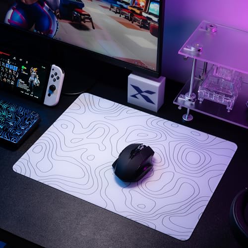 XVX Glass Mousepad for Gaming, White Topographic Hard Gaming Mouse pad, Professional Large Mouse Mat 16.2" x 12.2", Special Glass Surface with Improved Precision and Speed - color: White(Topographic)
