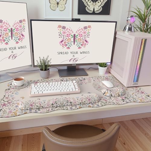 iCasso Desk Mat Set,Large Mouse Pad with Wrist Rest,Ergonomic Keyboard Wrist Support for Women,Girly Floral Computer Mat with Scalloped Edges,Non-Slip Desk Pad Home Office Gaming (Beige) - color: Beige