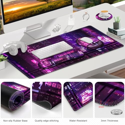 Gaming Mouse Pad, Large Desk Mat, Cute Desk Pad, 4in1 XXL Mousepad + Keyboard Wrist Rest+Mouse Wrist Rest+Coaster Set with Ergonomic Desk Pad for Home Office Table Computer, Purple Anime Neon - color: Purple Anime Neon