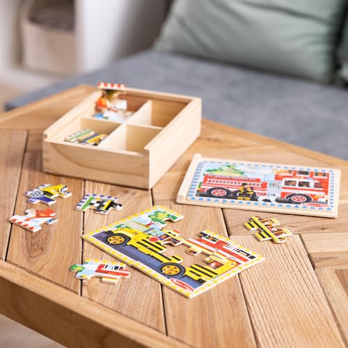 Melissa & Doug 4‑in‑1 Wooden Vehicle Jigsaw Puzzle Set, 48 Pieces with Storage Box, Toddler Puzzle Toy for Kids Ages 3+- FSC Certified - style: Vehicles