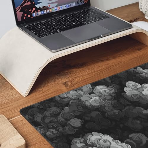 Japanese Cloud Desk Mat, Extended Gaming Mouse Pad, XL Size 35.4 x 15.7 inches, Black and Gray, Non-Slip Base - color: Auspicious Cloud