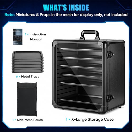ONULISS Miniature Storage Case Miniatures Transport Case Aluminum Alloy Frame with Side Mesh Pouch 6 Trays (X-Large Size) - size: X-Large