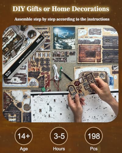 LED 3D Wooden Puzzle Winter Cabin DIY Miniature Building Kit with LED Lights - 3D Craft Rural Wooden Cabin Models Decor Gift for Adult