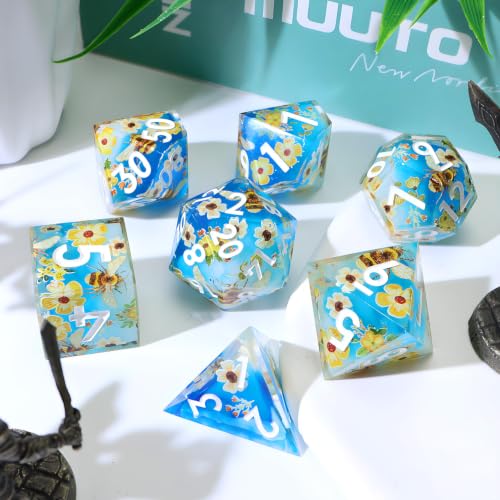 XENOLUX Resin DND Dice Set, Polyhedral RPG Dice for Dungeons and Dragons Board Games - Blue Sky White Clouds Bee & Flower Theme - Sharp Edge Handmade Solid Nature Dice (L14) - color: L14