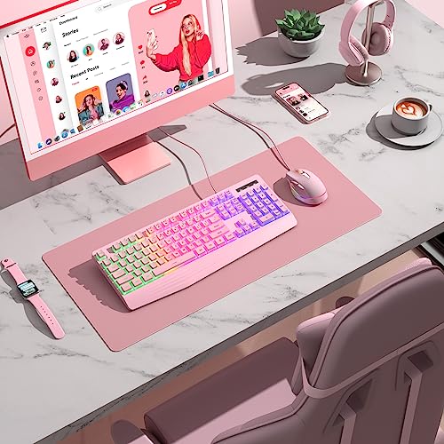 yesbeaut Pink Creamy Keyboard, Rainbow LED Backlit, 104 Keys Silent Light Up Gaming Keyboard with Wrist Rest, PBT Keycap, Anti-ghosting, Waterproof USB Wired Computer Keyboard for PC Mac Xbox - color: pink