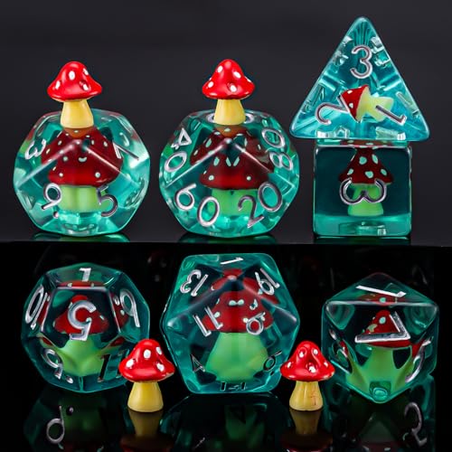 DND Resin Mushroom Dice Set, D&D Polyhedral Dice for Dungeons and Dragons RPG, MTG Role Playing Games D and D Dice 7pc D20 D12 D10 D8 D6 D4 for Ages 15 and Up - color: Red Mushroom