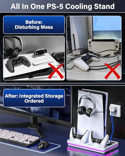 ZRZLMVP PS5 Slim/PS5 Stand and Cooling Station with Controller Charging Station for PlayStation 5 Slim&Standard Disc/Digital Consoles, PS 5 Cooler Accessories Incl Controller Charger, Cooling Fan