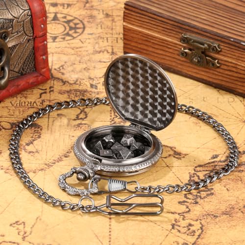 Mini DND Dice Set with Retro Dragon's eyes Pocket Watch Shell Case, DND Starter Set, 7pcs Polyhedral Mini Metal Dice Set, D&D Gifts with Gift Bag, Role Playing Board Game Accessories, Dark Silver - color: Dark Silver
