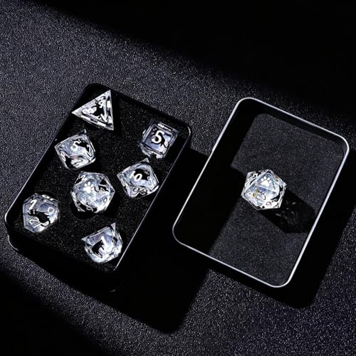 WizardsAracanum Cat Liquid Quicksand DND Dice Set Resin 7Pcs Dice DND with an Iron Box for DND COC Role Playing dice Games and Board Games Gift (Glitter Rainbow Black Cat) - color: Rainbow Giltter Black Cat