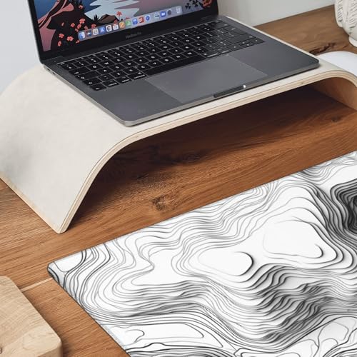 White Topographic Mouse Pad, XXL Extended Gaming Desk Mat, Non-Slip Rubber Base, Stitched Edges, 35.4" x 15.7" - color: White Topographic