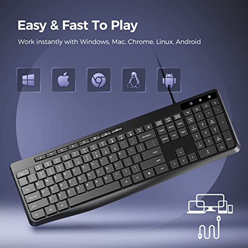 Virfour Wired Keyboard,Quiet Keyboard, Multimedia USB Computer Keyboard, Silent Keyboardwith Low Profile Chiclet Keys,Large Number Pad,Spill-Resistant,Anti-Wear Letters,Full Size for Laptop,Desktop