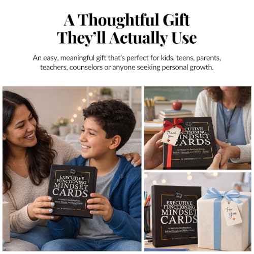 Executive Functioning Mindset Cards – 52 Daily Habit Cards for Focus, Organization & Follow Through – for Kids, Teens & Adults – Includes Wooden Display Stand – Gift for Teachers & Parents - style: Executive Functioning