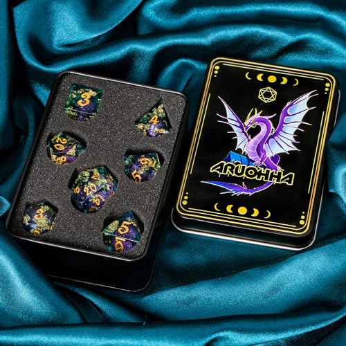 ARUOHHA Liquid Core DND Dice Set, 7pcs Resin Sharp Edged Dragons Dice RPG Role Playing Games, Purple Blue Polyhedral Dungeons D and D Dice with Gift Box D20 D12 D10 D8 D6 D4 - color: Purple Blue