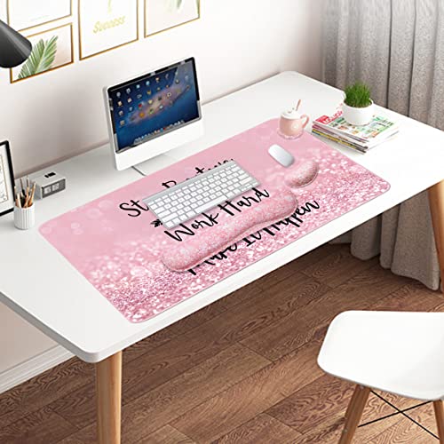 Large Mouse Pad and Keyboard Wrist Rest, Desk Pad for Keyboard and Mouse, 4-in-1 Large Gaming Mouse Pad with Wrist Support, Desk Mat for Home Office Study Game-Pink Stay Positive - color: Pink Stay Positive