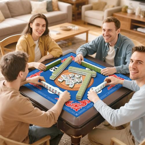 Mahjong Mat for Table with Carrying Bag & 3 Dice, Blue 31.5"x31.5" Square Rubber Mahjong Table Cover, Non-Slip & Noise Reduction Gaming Mat for Mah Jongg, Poker, Dominoes & Tile Games - color: Bright Blue