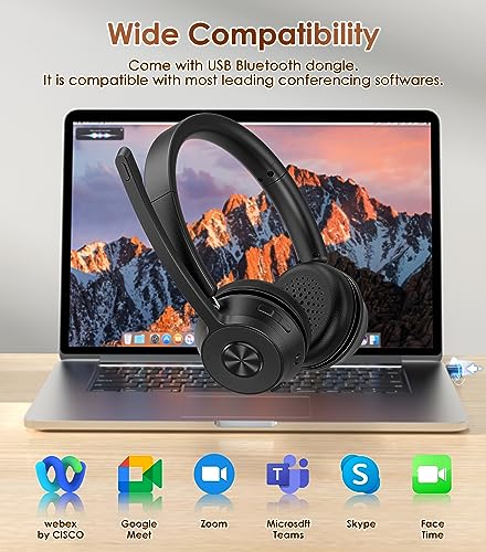 Soothielec Bluetooth Headset with Noise Cancelling Microphone, Wireless Headset with Mic for Work & USB Dongle for PC/Computer/Laptop/Cell Phones - color: Dark Black
