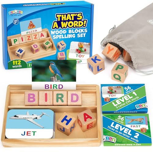 BenBen Spelling Games with Flash Cards, 112 Words, Montessori Toys for 3 4 5 6 Years Old Kids, Wooden Matching Letters Games, CVC Word Educational Learning Toys, Gift for Preschool Kindergarten - style: Matching & Spelling Game with Flash Cards