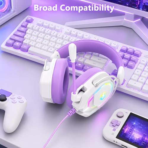 K98 Wired RGB Gaming Headset with Mic, Over Ear Gaming Headphones, 50mm Neodymium Drivers, Noise Isolating Microphone, Memory Foam Cushions, Aluminum Alloy Frame for PC, PS5, PS4, Xbox, Switch - color: White/Purple RGB