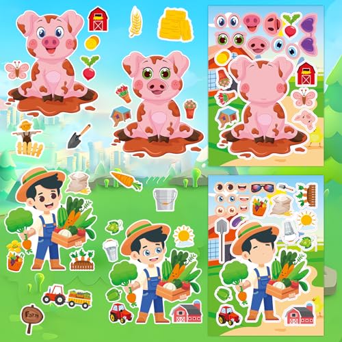 48 Sheets Create Funny Farm Animals Stickers, Make a Face Stickers for Boys and Girls, Travel Sticker Books, Party Favors, Birthday, Home, School and Activities Gifts for Kids Ages 3+ - style: Farm Animal