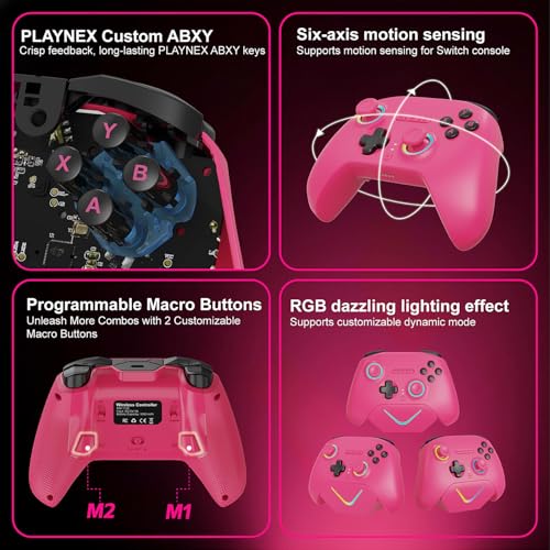 Playnex Wireless Game Controller with Charging Dock, TMR Anti-Drift Joysticks, Dual-Mode Hall Triggers, 1000Hz Polling, RGB, 2.4G/Bluetooth/USB Gamepad for PC/Nintendo Switch/Switch 2/Lite/OLED - color: Pink with Charging Dock