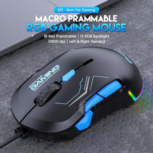 High-Performance Wired Gaming Mouse with Dynamic RGB Lighting, 12800 DPI Adjustable, Multi-Functional Mouse with 10 Customizable Macro Buttons (Black-Red) - color: Black-Red