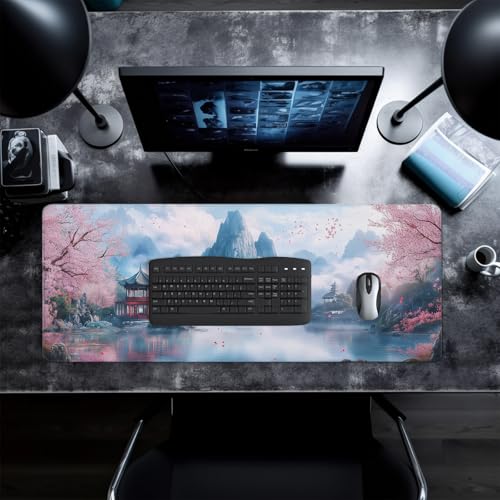 Cherry Blossom Watercolor Mouse Pad Abstract Big Mouse Pad 31.5x11.8 Inch Landscape Texture Non-Slip Rubber Base Large Mousepad Stitched Edges Keyboard Mouse Mat Desk Pad for Office and Home - color: Cherry Blossom Watercolor