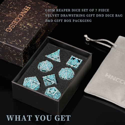 D&D Dice Set, Hollow Blue White Metal Grim Reaper Dice of 7 Piece,Polyhedral DND Dice Role PlayGaming for Dungeons and Dragons Table Game MTG or RPG (Blue and White) - color: Blue White Ss