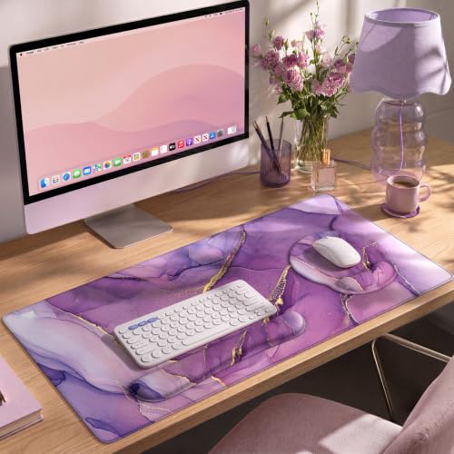 iCasso Purple Ergonomic Large Mouse Pad with Wrist Support, 4in1 XXL Desk Mat Set- Keyboard Wrist Rest + Mouse Wrist Rest + Coaster, Marble Style Desk Pad Mousepad - color: 1-Purple Marble