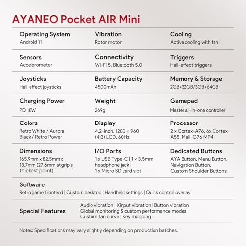 AKNES AYANEO Pocket AIR Mini Retro Handheld Game Console, 2G+32G | 4.2" 500 Nits HD Screen (1280x960 LCD, 60Hz), Android 11 Gaming System with Helio G90T, Hall Joystick & Trigger, Retro White - color: Retro White