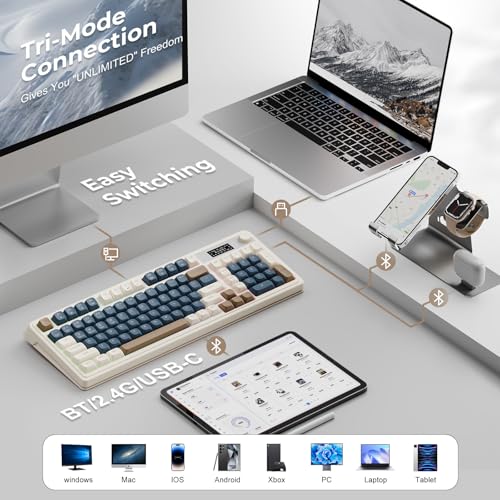 AULA S99 Pro Gaming Keyboard, Cute Creamy Keyboard with Number Pad Smart Screen, Tri-Mode Bluetooth/2.4G/USB-C Computer Keyboards, Media Knob Custom RGB Backlit Feel for MAC Xbox PC Gamer - Purple - color: Purple White