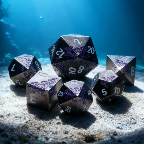 Cthulhu-Inspired Octopus Metal RPG Dice Set,7-Piece,Shadow Purple on Black,Solid Zinc Alloy Plated Finish,Gift for Tabletop Role-Playing Fans (Black Purple) - color: Black Purple