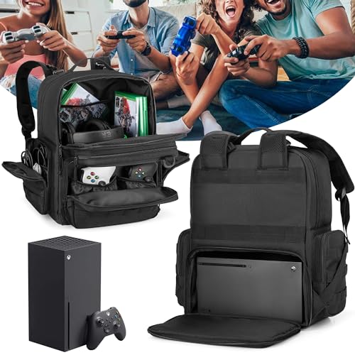 PGmoon Travel Tactical Backpack Compatible with Xbox Series X Console | Carrying Case Bag with Individual Room for Console, Plenty of Pockets for Controllers, Headphone and More(Patent Design)