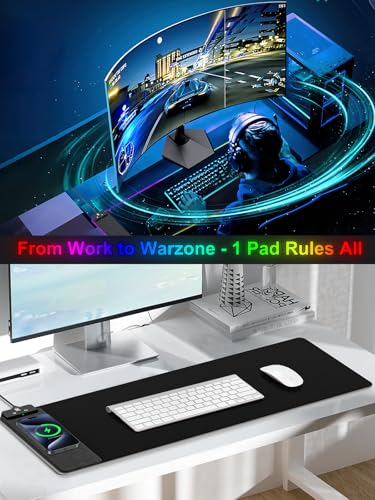 RGB Gaming Mouse Pad with Fast Wireless Charger, LED Extended Desk Mat, Home Office Large Desk Pad with Ultra-Smooth Surface, Non-Slip Base, Waterproof Keyboard Pad (Black) - color: 31.5x11.81"-Black w/PD Charger