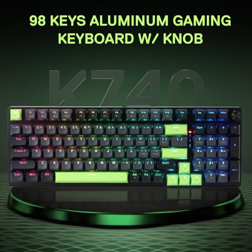Redragon K740 Wired RGB Gaming Keyboard, Aluminum Base & Knob, 95% Layout | Rock-Solid Metal Build, Multi-Function Control Wheel, Creamy Custom Switch, Swap-Ready Socket, Fade-Resistant PBT Keycap - color: Green Blaze, size: 98 Keys