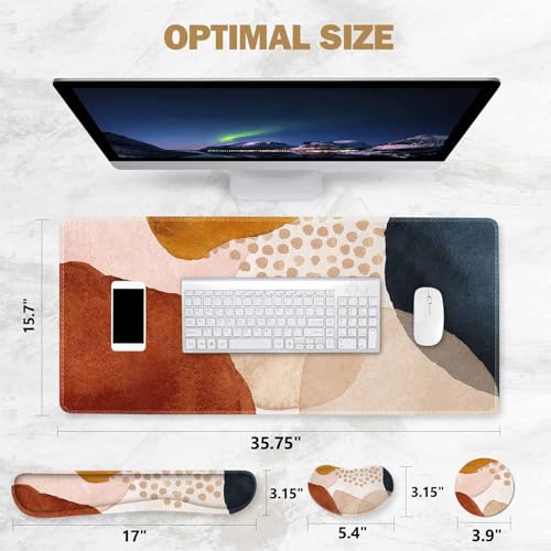 ToLuLu Extended Gaming Mouse Pad, Memory Foam Ergonomic Keyboard Mouse Wrist Rest Support Set, Large Desk Mat with Stitched Edges, Non-Slip Base Mousepad for Home Office and Game, Brown Boho Art - color: Brown Boho Art