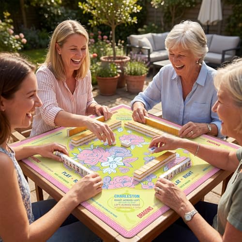 Soulchen Flower Yellow and Pink American Mahjong Mat for Table with Rules, No Creases, Ships Rolled, 31.5 x 31.5 Non-Slip Noise Reduction Gaming Mat with Carrying Bag for Poker Card Board - color: Yellow and Pink