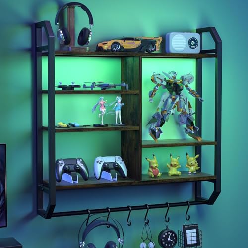 34" 6-Tier Adjustable Gaming Shelf, Wall Mount Floating Console Storage with LED Lights, Hanging Rod and 6 S-Hooks for PS5 Xbox Bedroom Display, Black