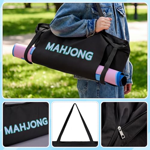 Abbylike 28x9 Inches Mahjong Bag for Rolled Mat Tiles Racks Pushers Accessories Empty Mahjong Tote Bag with Zipper Closure Outer Pockets Lining Large Capacity(Black,Canvas) - color: Black