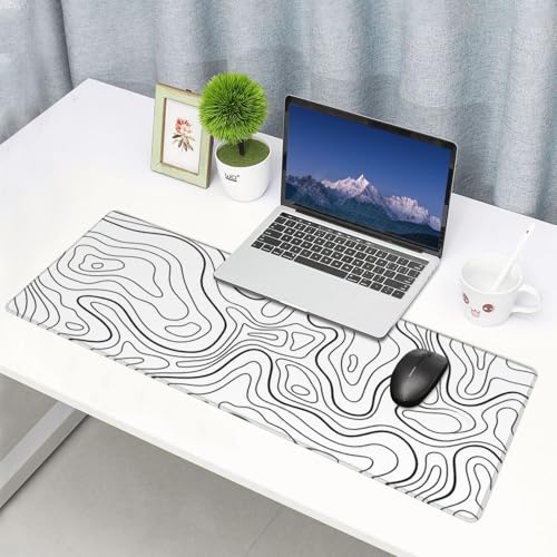 Large Gaming Mouse Pad Desk Mat, White Topographic Contour Extended Keyboard Mouse Pad Mousepad with Non-Slip Base and Stitched Edge Mouse Mat Desk Pad Mouse Pads for Desk Home Office, 31.5 x 11.8 - color: Topographic Contour White